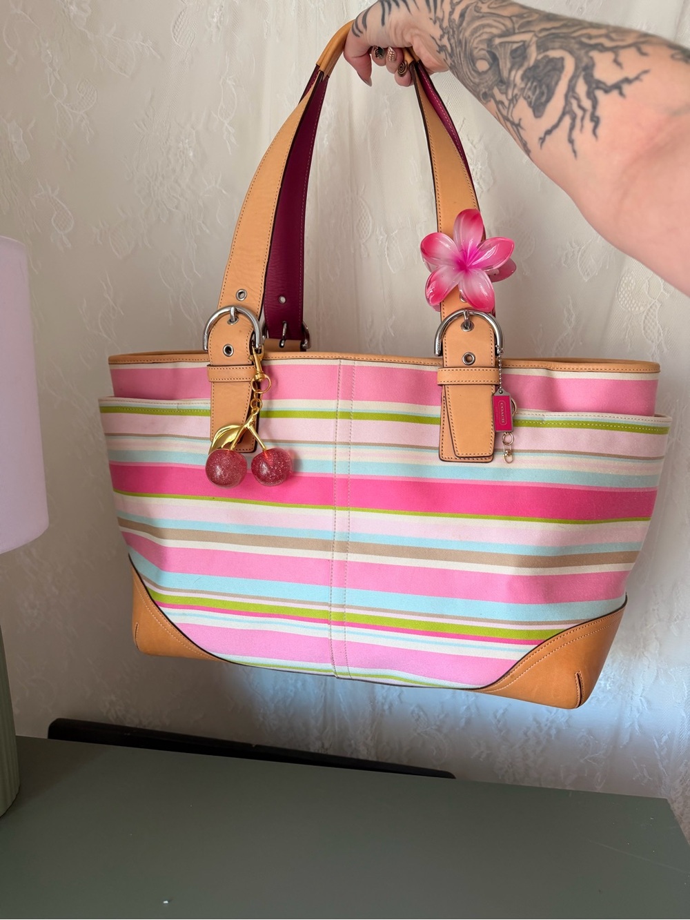 Coach Pink & Multicolor Striped Canvas Tote with Tan Leather Trim